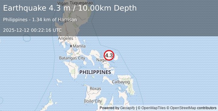 Earthquake LUZON, PHILIPPINES (4.3 m) (2025-12-12 00:22:16 UTC)