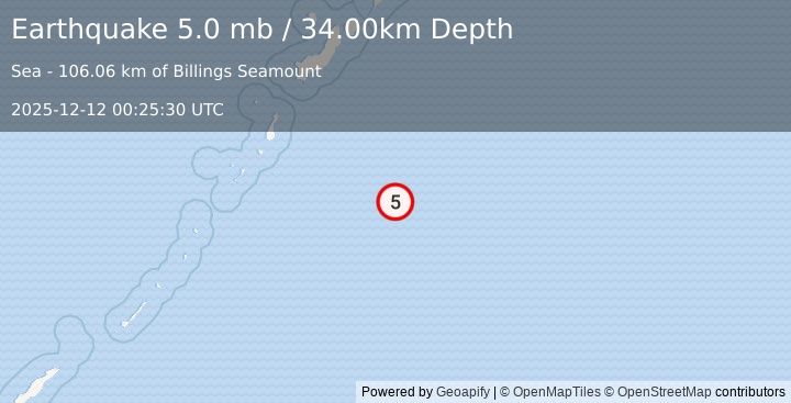 Earthquake EAST OF KURIL ISLANDS (5.0 mb) (2025-12-12 00:25:30 UTC)