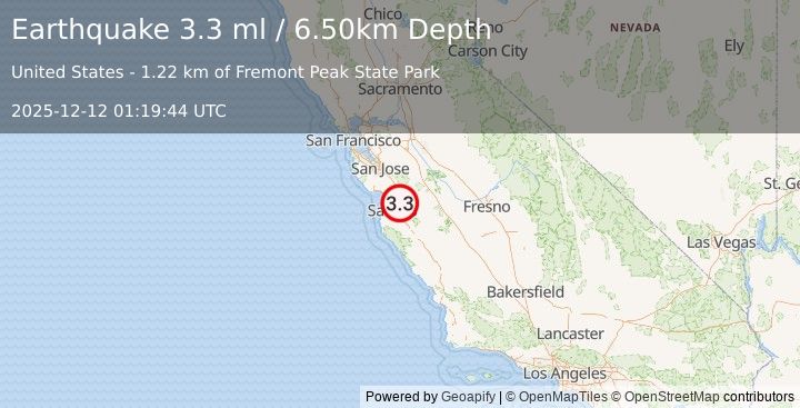 Earthquake CENTRAL CALIFORNIA (3.3 ml) (2025-12-12 01:19:44 UTC)