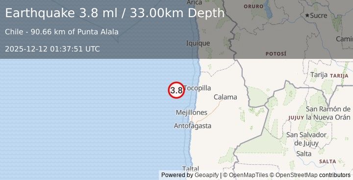 Earthquake OFFSHORE ANTOFAGASTA, CHILE (3.5 ml) (2025-12-12 01:37:52 UTC)