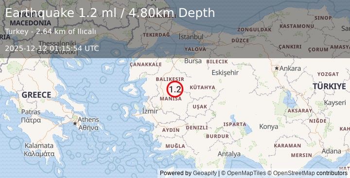 Earthquake WESTERN TURKEY (1.2 ml) (2025-12-12 01:15:53 UTC)