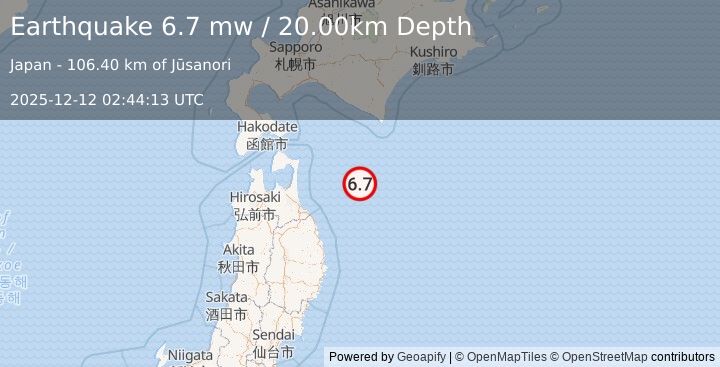 Earthquake NEAR EAST COAST OF HONSHU, JAPAN (6.7 mw) (2025-12-12 02:44:13 UTC)