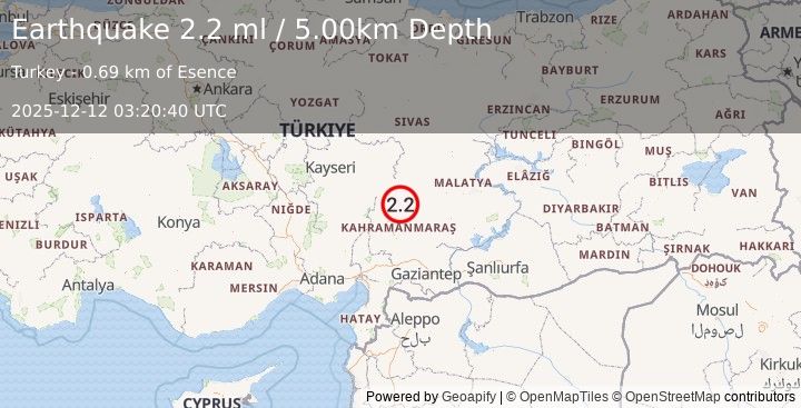 Earthquake CENTRAL TURKEY (2.2 ml) (2025-12-12 03:20:40 UTC)