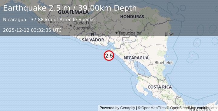 Earthquake NEAR COAST OF NICARAGUA (2.5 m) (2025-12-12 03:32:35 UTC)