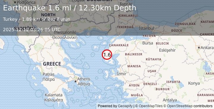 Earthquake NEAR THE COAST OF WESTERN TURKEY (1.6 ml) (2025-12-12 03:26:04 UTC)