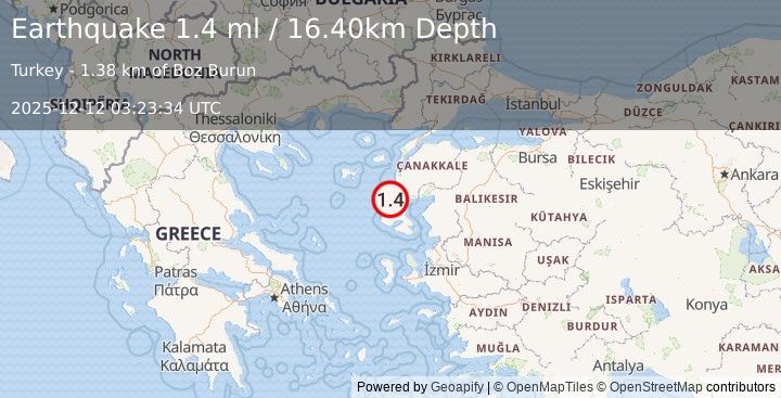 Earthquake NEAR THE COAST OF WESTERN TURKEY (1.4 ml) (2025-12-12 03:23:34 UTC)