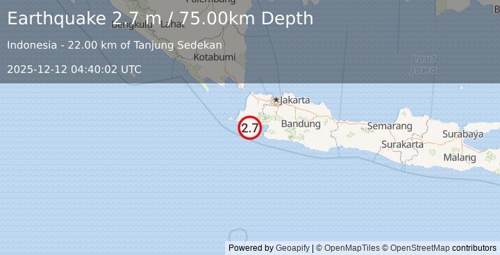 Earthquake JAVA, INDONESIA (2.7 m) (2025-12-12 04:40:02 UTC)