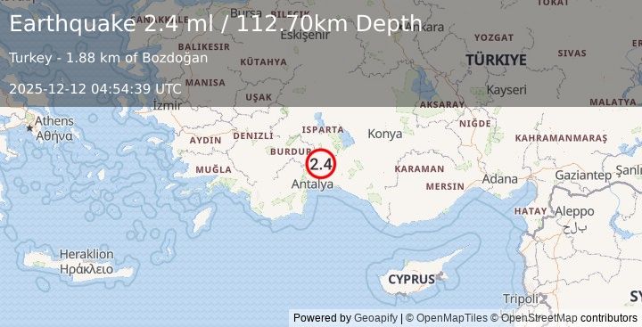 Earthquake WESTERN TURKEY (2.3 ml) (2025-12-12 04:54:39 UTC)
