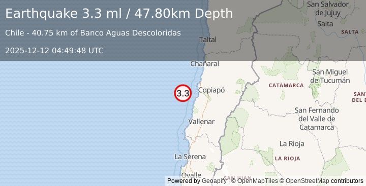Earthquake OFFSHORE ATACAMA, CHILE (3.3 ml) (2025-12-12 04:49:48 UTC)