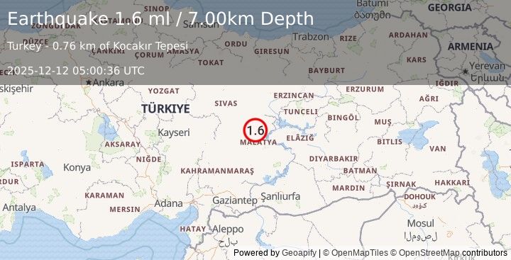 Earthquake EASTERN TURKEY (1.6 ml) (2025-12-12 05:00:35 UTC)