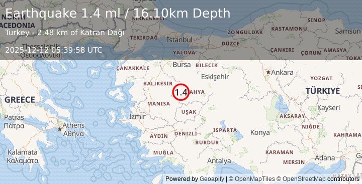 Earthquake WESTERN TURKEY (1.4 ml) (2025-12-12 05:39:58 UTC)