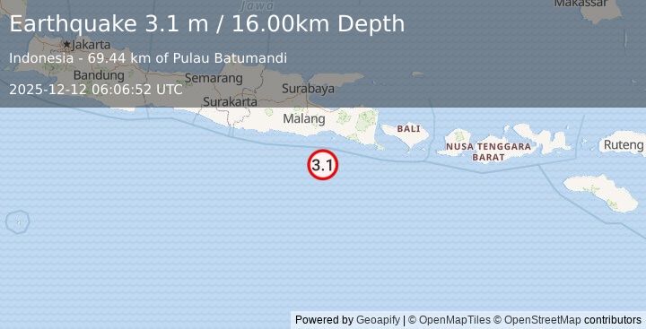 Earthquake SOUTH OF JAVA, INDONESIA (3.1 m) (2025-12-12 06:06:52 UTC)