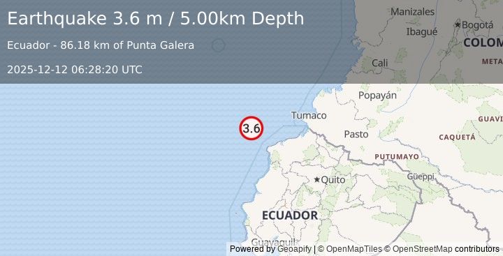 Earthquake OFF COAST OF ECUADOR (3.3 ml) (2025-12-12 06:28:25 UTC)