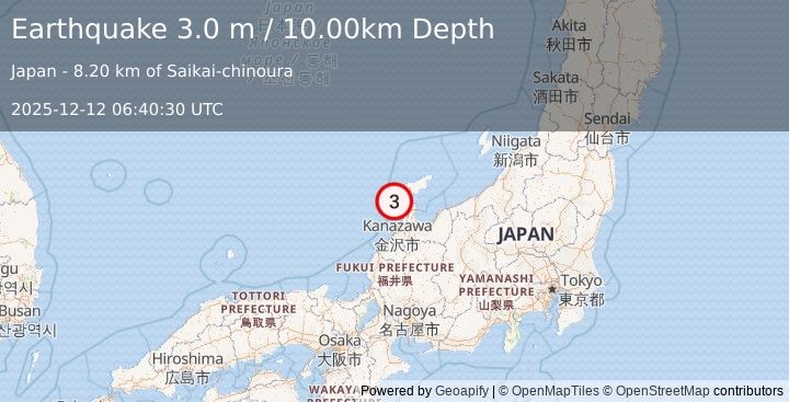 Earthquake NEAR WEST COAST OF HONSHU, JAPAN (3.0 m) (2025-12-12 06:40:30 UTC)
