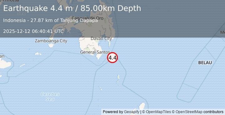 Earthquake MINDANAO, PHILIPPINES (4.4 m) (2025-12-12 06:40:41 UTC)
