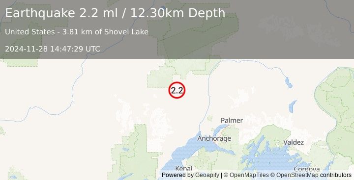 Earthquake 28 km NNW of Skwentna, Alaska (2.2 ml) (2024-11-28 14:47:29 UTC)