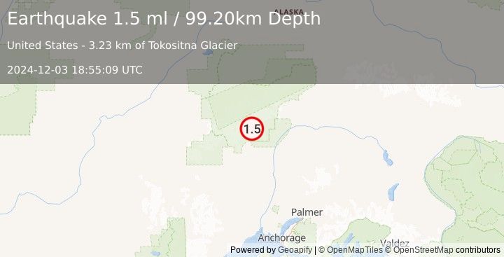 Earthquake 36 km N of Petersville, Alaska (1.5 ml) (2024-12-03 18:55:09 UTC)