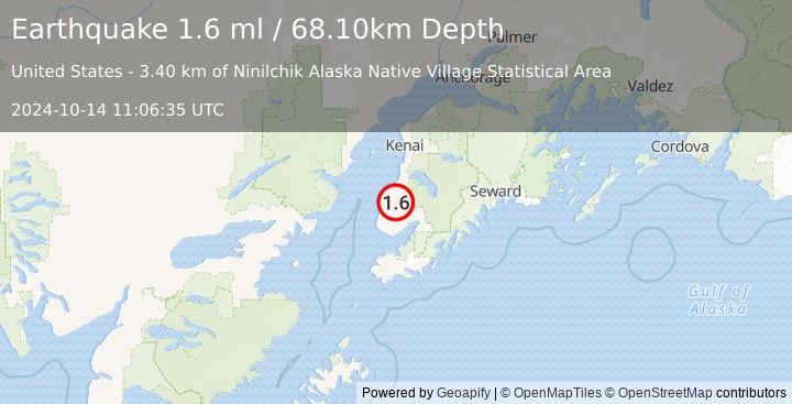 Earthquake 14 km ESE of Ninilchik, Alaska (1.6 ml) (2024-10-14 11:06:35 UTC)