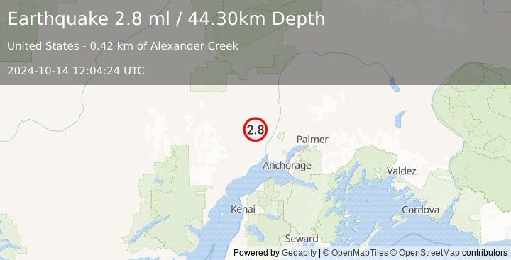 Earthquake 28 km NW of Susitna, Alaska (2.8 ml) (2024-10-14 12:04:24 UTC)