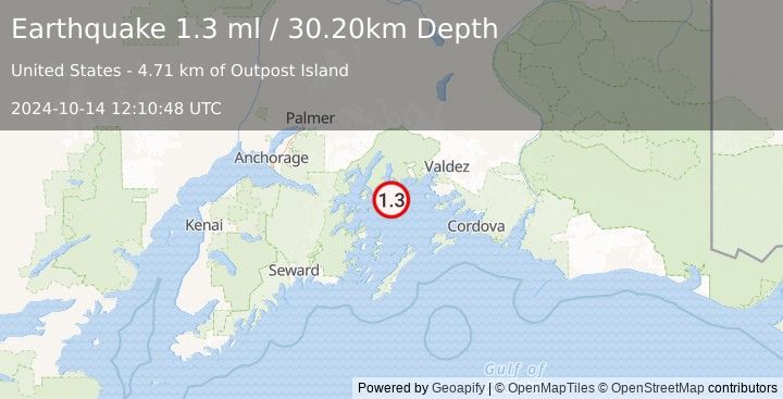 Earthquake 43 km W of Tatitlek, Alaska (1.3 ml) (2024-10-14 12:10:48 UTC)