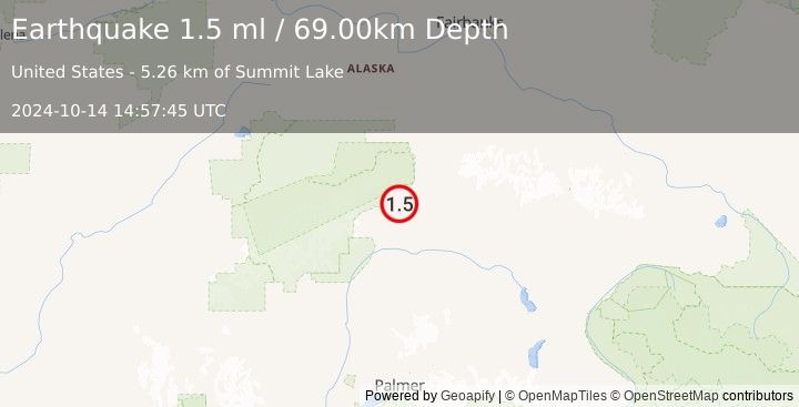 Earthquake 16 km SSW of Cantwell, Alaska (1.5 ml) (2024-10-14 14:57:45 UTC)