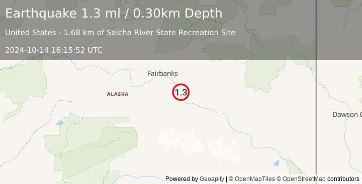 Earthquake 4 km S of Salcha, Alaska (1.3 ml) (2024-10-14 16:15:52 UTC)