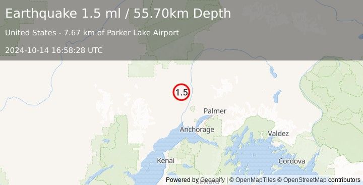 Earthquake 37 km NW of Willow, Alaska (1.5 ml) (2024-10-14 16:58:28 UTC)