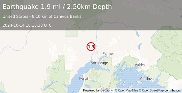 Earthquake 33 km WNW of Willow, Alaska (1.9 ml) (2024-10-14 18:10:38 UTC)