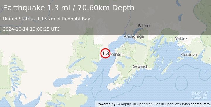 Earthquake 38 km W of Salamatof, Alaska (1.3 ml) (2024-10-14 19:00:25 UTC)