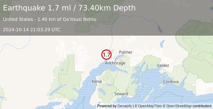 Earthquake 3 km SSW of Susitna, Alaska (1.7 ml) (2024-10-14 21:03:29 UTC)