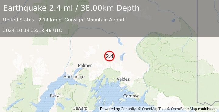 Earthquake 9 km WSW of Eureka Roadhouse, Alaska (2.4 ml) (2024-10-14 23:18:46 UTC)