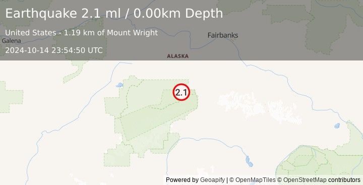 Earthquake 29 km WSW of Healy, Alaska (2.1 ml) (2024-10-14 23:54:50 UTC)