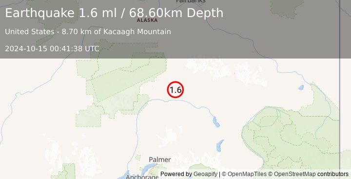 Earthquake 45 km SE of Cantwell, Alaska (1.6 ml) (2024-10-15 00:41:38 UTC)