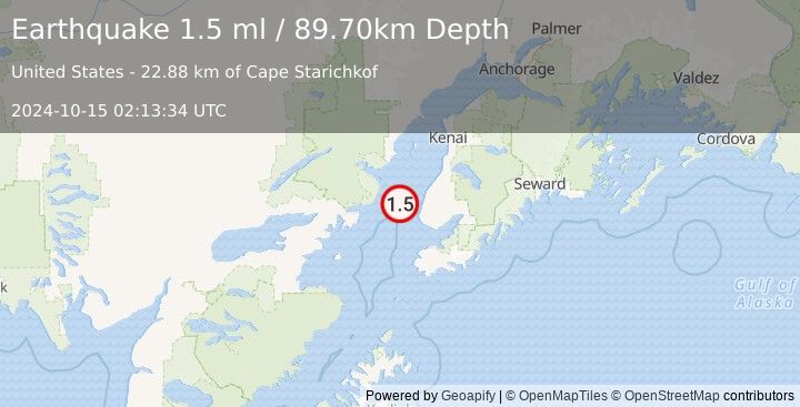 Earthquake 25 km WNW of Anchor Point, Alaska (1.5 ml) (2024-10-15 02:13:34 UTC)