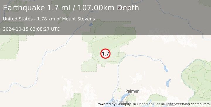 Earthquake 49 km NNW of Petersville, Alaska (1.7 ml) (2024-10-15 03:08:27 UTC)