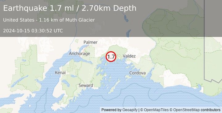 Earthquake 59 km WNW of Tatitlek, Alaska (1.7 ml) (2024-10-15 03:30:52 UTC)