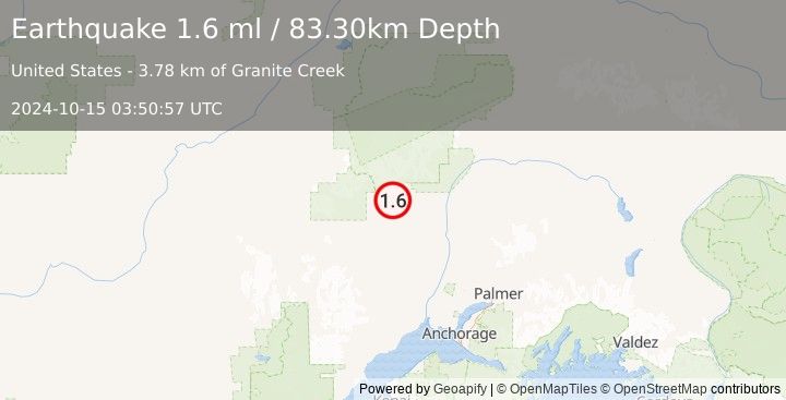 Earthquake 24 km W of Petersville, Alaska (1.6 ml) (2024-10-15 03:50:57 UTC)