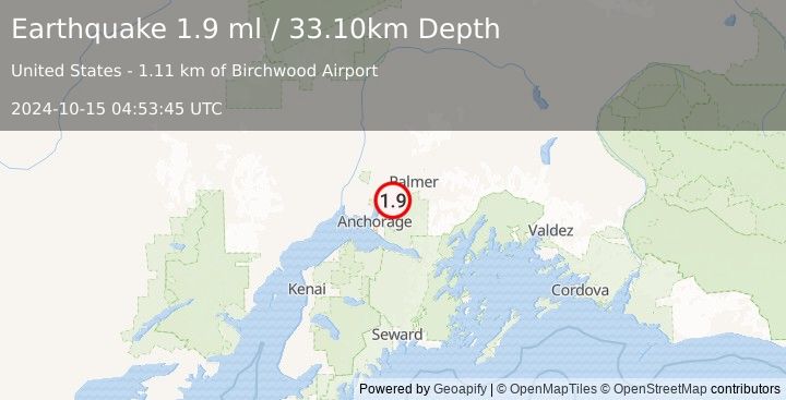 Earthquake 10 km SSE of Knik-Fairview, Alaska (1.9 ml) (2024-10-15 04:53:45 UTC)