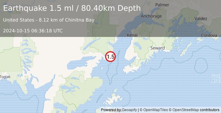 Earthquake 55 km W of Anchor Point, Alaska (1.5 ml) (2024-10-15 06:36:18 UTC)