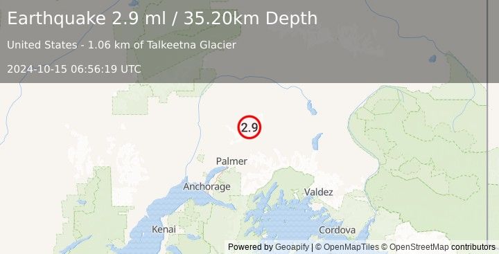 Earthquake 34 km N of Chickaloon, Alaska (2.9 ml) (2024-10-15 06:56:19 UTC)