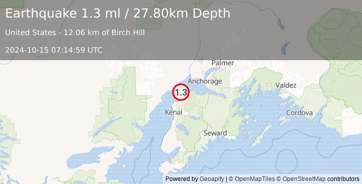 Earthquake 14 km SE of Tyonek, Alaska (1.3 ml) (2024-10-15 07:14:59 UTC)