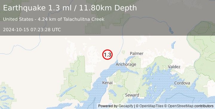 Earthquake 39 km W of Susitna, Alaska (1.3 ml) (2024-10-15 07:23:28 UTC)