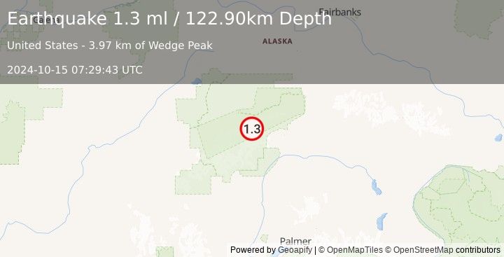 Earthquake 71 km ESE of Denali National Park, Alaska (1.3 ml) (2024-10-15 07:29:43 UTC)