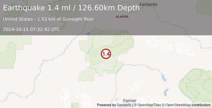 Earthquake 55 km SE of Denali National Park, Alaska (1.4 ml) (2024-10-15 07:32:42 UTC)