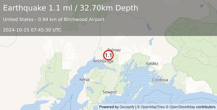 Earthquake 10 km SSE of Knik-Fairview, Alaska (1.1 ml) (2024-10-15 07:45:30 UTC)