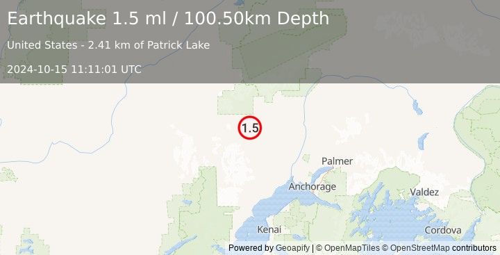 Earthquake 27 km WNW of Skwentna, Alaska (1.5 ml) (2024-10-15 11:11:01 UTC)