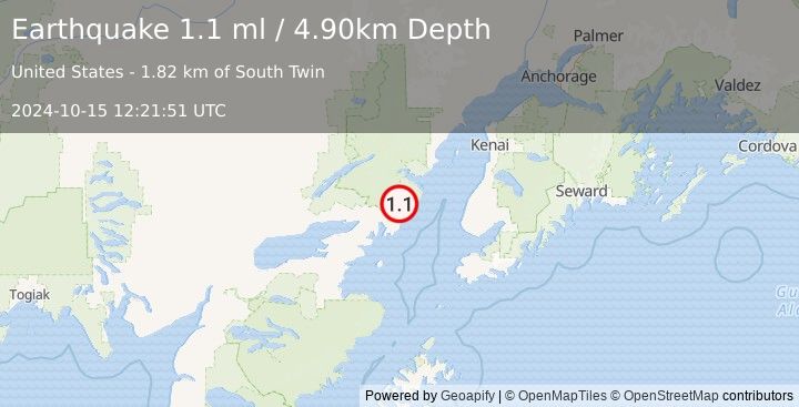 Earthquake 62 km ENE of Pedro Bay, Alaska (1.1 ml) (2024-10-15 12:21:51 UTC)