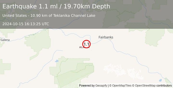 Earthquake 18 km WSW of Four Mile Road, Alaska (1.1 ml) (2024-10-15 16:13:25 UTC)