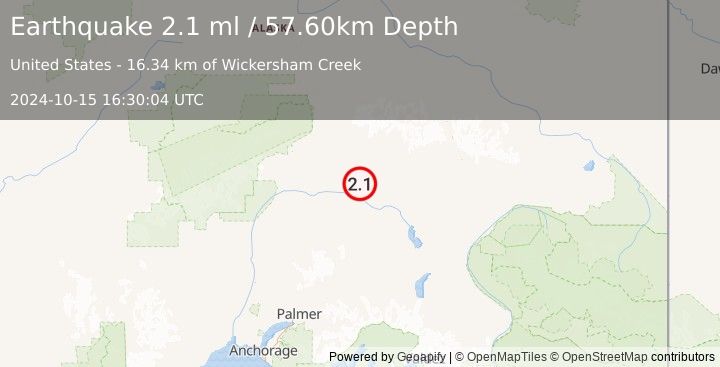 Earthquake 78 km SE of Cantwell, Alaska (2.1 ml) (2024-10-15 16:30:04 UTC)