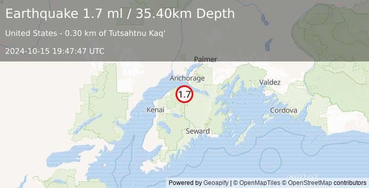 Earthquake 20 km WSW of Hope, Alaska (1.7 ml) (2024-10-15 19:47:47 UTC)